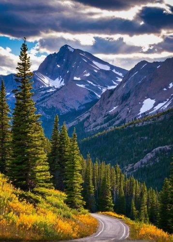 mountain road,mountain highway,united states national park,mountain landscape,colorado,temperate coniferous forest,mountain pass,salt meadow landscape,icefield parkway,autumn mountains,glacier national park,coniferous forest,pikes peak highway,beautiful landscape,alpine drive,alpine route,landscapes beautiful,mountainous landscape,rocky mountain,nature landscape,Conceptual Art,Oil color,Oil Color 19