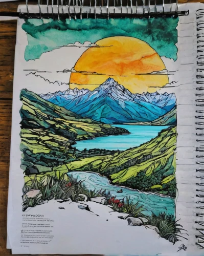 mountain sunrise,color pencil,alpine sunset,mountains,colored pencil background,water colors,color pencils,small landscape,panoramic landscape,pencil color,mountain landscape,oil pastels,water color,watercolor background,mountain range,laguna verde,an island far away landscape,mountain scene,colored pencil,colorful doodle,Illustration,Realistic Fantasy,Realistic Fantasy 23