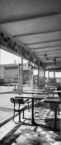 pioneertown,cafeteria,retro diner,table shuffleboard,shuffleboard,veranda,beach restaurant,drive in restaurant,bar billiards,beach bar,canteen,picnic table,terrace,beer tables,duckpin bowling,outdoor dining,roof terrace,food court,barbecue area,truck stop,Photography,Black and white photography,Black and White Photography 15