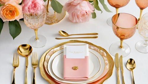 place setting,tablescape,pink and gold foil paper,table setting,gold-pink earthy colors,blossom gold foil,table arrangement,table decoration,cream and gold foil,copper utensils,table cards,centerpiece,place cards,gold foil dividers,rose gold,champagne stemware,centrepiece,long table,place card holder,champagne flute,Illustration,Retro,Retro 08