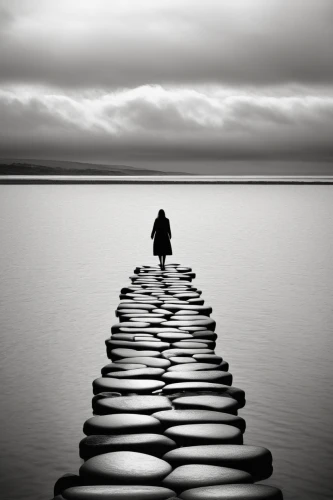 blackandwhitephotography,walk on water,loneliness,the path,monochrome photography,solitary,equilibrist,road of the impossible,solitude,adrift,the way,jetty,man at the sea,andreas cross,road to nowhere,the road to the sea,to be alone,the mystical path,pawn,conceptual photography,Illustration,Abstract Fantasy,Abstract Fantasy 22