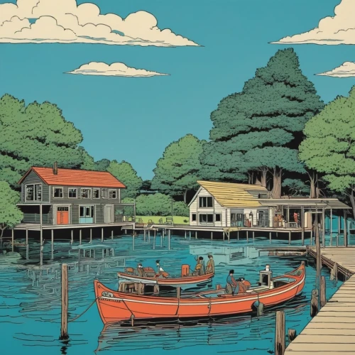 boat landscape,floating huts,thimble islands,cool woodblock images,boat harbor,boathouse,boats,houseboat,picnic boat,seaside country,lakeside,house by the water,fishing village,rowboats,popeye village,boat dock,seaside resort,wooden pier,docks,wooden boats,Illustration,American Style,American Style 15
