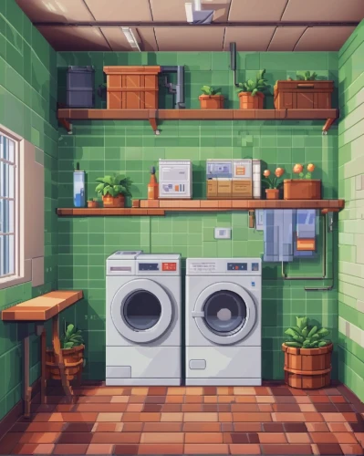 laundry room,laundromat,laundry,laundry shop,tile kitchen,washing machines,washing machine,kitchenette,laundry supply,washing clothes,dry laundry,laundress,washer,cartoon video game background,appliances,washhouse,vintage kitchen,kitchen,dryer,mollete laundry,Unique,Pixel,Pixel 01