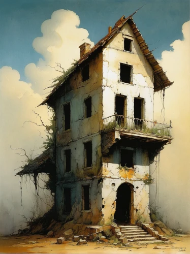 abandoned house,ancient house,apartment house,lonely house,old house,abandoned place,home landscape,lostplace,old home,town house,dilapidated building,hanging houses,lost place,old town house,italian painter,the haunted house,dilapidated,abandoned places,witch's house,crooked house,Illustration,Realistic Fantasy,Realistic Fantasy 16