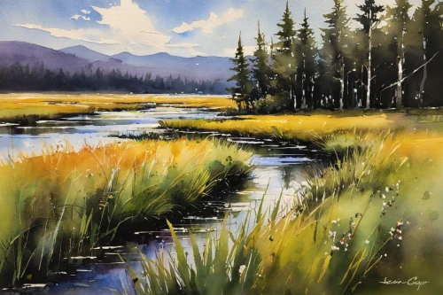 salt meadow landscape,freshwater marsh,meadow in pastel,river landscape,meadow landscape,flowing creek,vermilion lakes,maligne river,mountain meadow,mountain river,tidal marsh,wetlands,oxbow lake,salt meadows,bow valley,wetland,yellow grass,alpine meadow,river cooter,painting technique,Illustration,Paper based,Paper Based 03