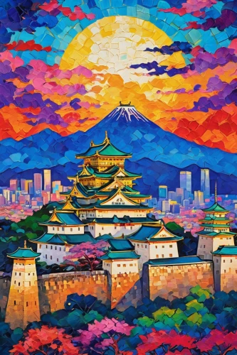 osaka castle,fuji,meteora,osaka,shirakami-sanchi,colorful city,yokohama,matsumoto castle,mount fuji,fujiyama,fuji mountain,mt fuji,kyoto,japan landscape,kumamoto city,japanese mountains,tokyo,japanese art,japan,khokhloma painting,Conceptual Art,Oil color,Oil Color 25