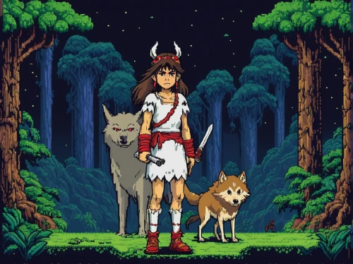 pixel art,laika,red riding hood,game illustration,studio ghibli,girl with dog,wolf hunting,red wolf,european wolf,pixel,goatflower,forest animal,little red riding hood,wolves,howling wolf,adventure game,huntress,artemis,two wolves,forest animals,Unique,Pixel,Pixel 04