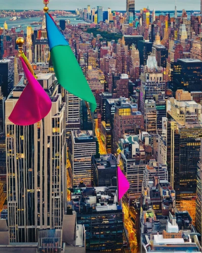 colorful flags,colorful city,colorful bunting,manhattan skyline,kites,colorful balloons,kite climbing,new york skyline,nyse,skyscrapers,aerial view umbrella,flags,ny,1wtc,1 wtc,vuvuzela,wall street,cityscape,bandana background,manhattan,Illustration,Abstract Fantasy,Abstract Fantasy 08