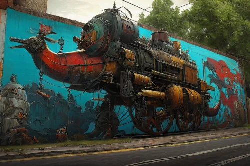 graffiti art,abandoned rusted locomotive,graf-zepplin,urban art,thomas the tank engine,urban street art,steam engine,steampunk,streetart,street art,steam locomotive,wooden train,train wagon,steam train,locomotive,street artists,ghost locomotive,steam roller,train engine,old train,Illustration,Realistic Fantasy,Realistic Fantasy 28