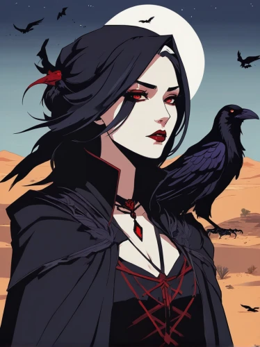 crow queen,raven girl,crows,crows bird,raven bird,murder of crows,black crow,crow,raven,black raven,raven rook,corvidae,widow,magpie,vampire lady,goth woman,black bird,corvus,3d crow,raven's feather,Illustration,Japanese style,Japanese Style 06