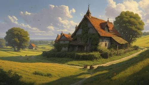 home landscape,little house,lonely house,rural landscape,witch's house,farmstead,ancient house,countryside,small house,farm landscape,cottage,farm house,homestead,farmhouse,summer cottage,country cottage,thatched cottage,knight village,fantasy landscape,wooden houses,Illustration,Realistic Fantasy,Realistic Fantasy 44