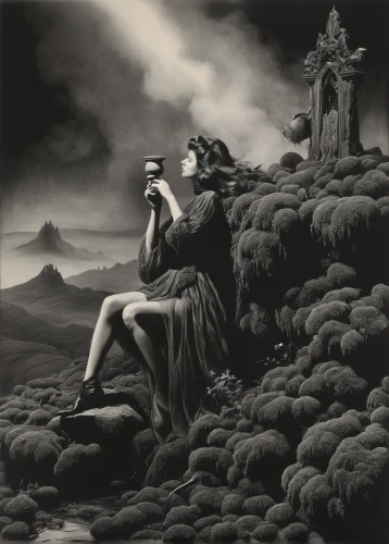 woman drinking coffee,cybele,loreley,photomontage,black angel,rusalka,photomanipulation,dance of death,dark angel,woman at the well,black landscape,psyche,weeping angel,uriel,priestess,world digital painting,fantasy picture,the night of kupala,lover's grief,gothic woman,Photography,Black and white photography,Black and White Photography 11