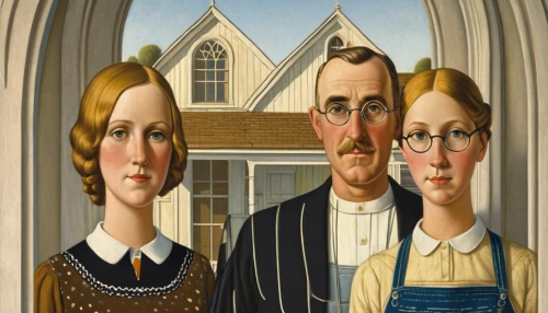 grant wood,american gothic,vintage man and woman,reading glasses,man and wife,herring family,grandparents,mother and grandparents,arrowroot family,young couple,silver framed glasses,old couple,two people,art deco frame,oval frame,caper family,man and woman,birch family,optician,contemporary witnesses,Illustration,Retro,Retro 08