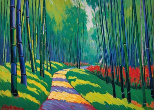 tree lined lane,bamboo forest,tree lined path,tree-lined avenue,birch alley,forest road,pathway,forest landscape,birch forest,forest path,row of trees,pine forest,tulip fields,tree grove,hiking path,green forest,hawaii bamboo,spruce forest,maple road,copse,Art,Artistic Painting,Artistic Painting 36