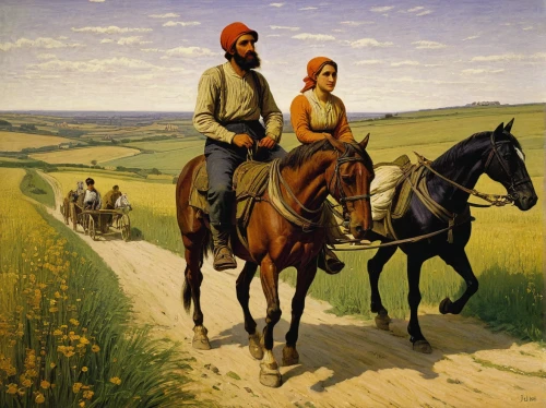 pilgrims,millet,man and horses,haymaking,nomadic people,east-european shepherd,farmers,hunting scene,horse herder,nomads,agricultural,agriculture,khokhloma painting,rural landscape,farm workers,young couple,western riding,milvus migrans,field cultivation,threshing,Art,Artistic Painting,Artistic Painting 50