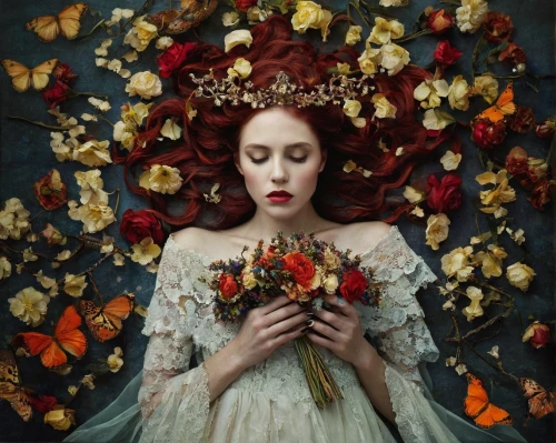 girl in a wreath,girl in flowers,flower fairy,wreath of flowers,fallen petals,fairy queen,faery,coral bells,beautiful girl with flowers,autumn jewels,kahila garland-lily,vanessa (butterfly),falling flowers,flower girl,with roses,with a bouquet of flowers,dried hydrangeas,scent of roses,faerie,julia butterfly,Photography,Artistic Photography,Artistic Photography 14