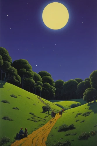 night scene,moonlit night,lunar landscape,moonscape,moonlit,rural landscape,moon valley,moon night,shirakami-sanchi,moonlight,moonrise,high landscape,japan landscape,hare trail,big moon,travel poster,clear night,valley of the moon,full moon,earth rise,Art,Artistic Painting,Artistic Painting 30