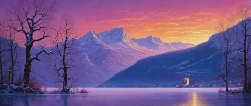 winter landscape,purple landscape,winter lake,fantasy landscape,snow landscape,fantasy picture,ice landscape,mountain sunrise,snowy landscape,mountain scene,winter background,mountain landscape,snow scene,landscape background,christmas landscape,fjord,mountain lake,the spirit of the mountains,snowy mountains,frozen lake,Illustration,Realistic Fantasy,Realistic Fantasy 22