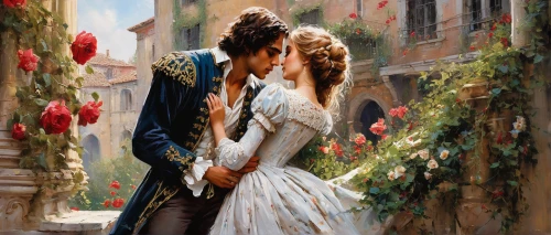 romantic portrait,romantic scene,young couple,amorous,romance novel,courtship,way of the roses,the carnival of venice,oil painting on canvas,fairytale,italian painter,scent of roses,serenade,art painting,oil painting,fairy tale,dancing couple,fantasy picture,a fairy tale,florentine,Conceptual Art,Oil color,Oil Color 06