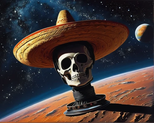 mexican hat,calavera,mars probe,planet mars,mission to mars,sombrero,red planet,scull,extraterrestrial life,cosmonautics day,space art,la calavera catrina,la catrina,spacefill,el salvador dali,muerte,astronautics,space probe,mariachi,planet eart,Illustration,Retro,Retro 14