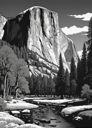 yosemite,yosemite park,salt meadow landscape,half-dome,half dome,nationalpark,yosemite valley,yosemite national park,el capitan,oheo gulch,mountain valley,salt meadows,valley,mountain landscape,mountain scene,zion,mountain valleys,american frontier,the spirit of the mountains,national park,Illustration,Black and White,Black and White 19