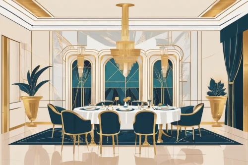 dining room,breakfast room,art deco background,art deco,fine dining restaurant,dining,dining table,a restaurant,interiors,exclusive banquet,grand hotel,centrepiece,ballroom,cream and gold foil,bistro,place setting,chinaware,restaurant,luxury hotel,high tea,Illustration,Vector,Vector 01
