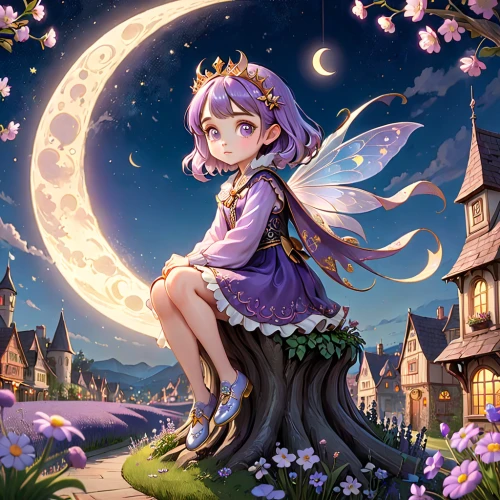 acerola,rem in arabian nights,moon and star background,fairy galaxy,luna,moonlit,patchouli,moonlit night,precious lilac,child fairy,starry sky,fairy tale character,purple moon,moonlight,little girl fairy,moon shine,fae,moonlight cactus,lunar,stars and moon,Anime,Anime,General
