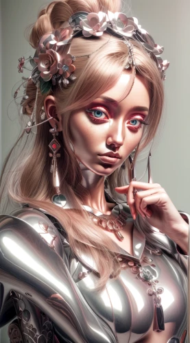 cyborg,sculpt,world digital painting,humanoid,digital painting,biomechanical,fantasy portrait,chainlink,painter doll,dryad,cybernetics,silver,silvery,artist doll,painted lady,metallic,tears bronze,chrome,cosmetic,realdoll