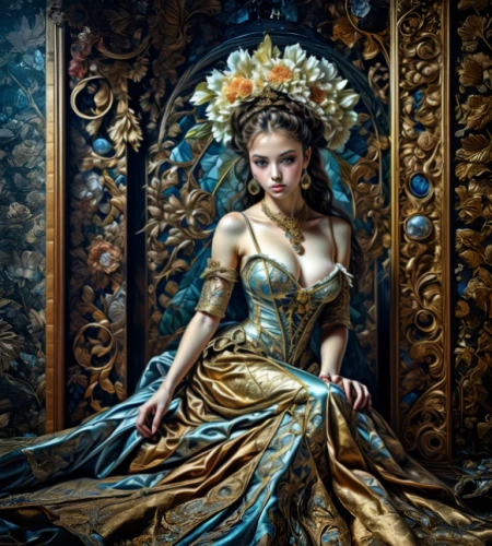 the carnival of venice,rococo,cinderella,baroque angel,miss circassian,golden wreath,baroque,celtic queen,fairy queen,queen anne,decorative figure,russian folk style,ball gown,queen cage,the enchantress,queen of the night,oriental princess,fantasy art,victorian lady,fairy tale character