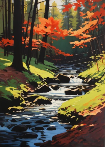 flowing creek,fall landscape,streams,autumn landscape,autumn forest,brook landscape,mountain stream,autumn idyll,autumn scenery,fall foliage,forest landscape,red cedar,river landscape,foliage coloring,autumn colouring,autumn light,stream,maple leave,acrylic paint,landscape red,Conceptual Art,Fantasy,Fantasy 19