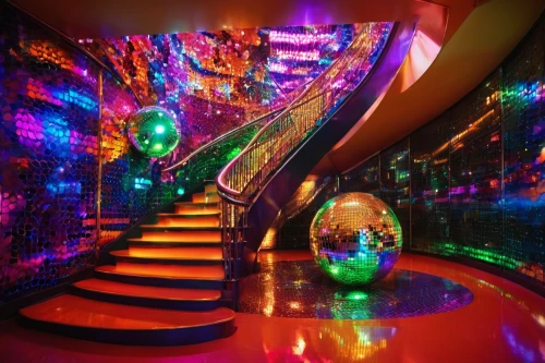 ufo interior,futuristic art museum,nightclub,disco,colored lights,disco ball,3d fantasy,psychedelic art,cyberspace,hallway,mirror house,prism ball,panoramical,colorful glass,discobole,garish,glass balls,psychedelic,fractal lights,party lights,Illustration,Realistic Fantasy,Realistic Fantasy 38