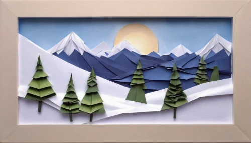 mountain scene,snowy peaks,mountain landscape,snow landscape,glass painting,slide canvas,coniferous forest,trees with stitching,snow scene,framed paper,snow mountain,paper art,blue leaf frame,salt meadow landscape,fabric painting,mountains,mountain slope,mountainous landscape,snow mountains,winter landscape,Unique,Paper Cuts,Paper Cuts 02