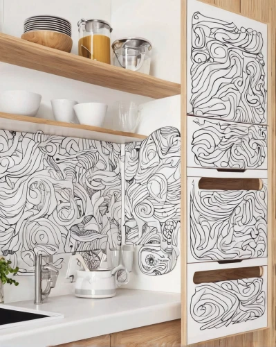 whirlpool pattern,dish storage,ceramic hob,tile kitchen,plate shelf,dish rack,kitchen cabinet,patterned wood decoration,metal cabinet,bathroom cabinet,sideboard,kitchenware,cookware and bakeware,ceramic tile,kitchen paper,coral swirl,baking pan,kitchen design,whirlpool,swirls,Illustration,Black and White,Black and White 05