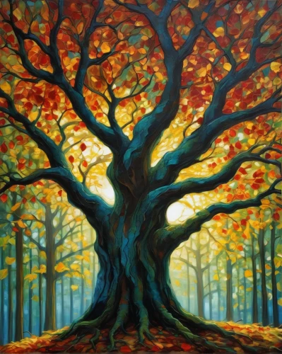 autumn tree,painted tree,orange tree,colorful tree of life,forest tree,tangerine tree,flourishing tree,celtic tree,autumn trees,autumn background,tree grove,oak tree,autumn forest,deciduous tree,the trees in the fall,magic tree,maple tree,the branches of the tree,persimmon tree,trees in the fall,Illustration,Realistic Fantasy,Realistic Fantasy 34