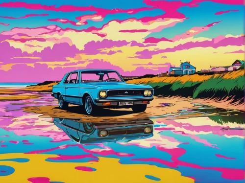 acid lake,cool pop art,lotus cortina,subaru brat,3d car wallpaper,modern pop art,dodge dakota,pop art colors,alligator alley,ford prefect,retro car,pickup-truck,datsun 510,aronde,retro vehicle,puddle,gaz-21,volvo 164,simca,trabant,Illustration,Vector,Vector 19