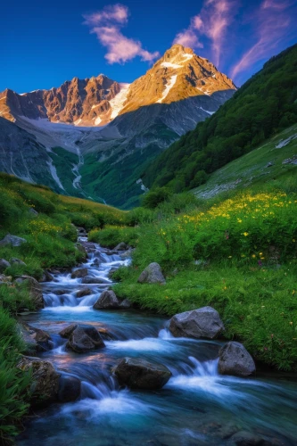 mountain stream,landscape mountains alps,bernese alps,pyrenees,mountain spring,mountain landscape,caucasus,the alps,alps,alpine meadow,alpine region,high alps,mountainous landscape,mountain meadow,mountain river,elbrus,swiss alps,beautiful landscape,ortler,carpathians,Conceptual Art,Oil color,Oil Color 16