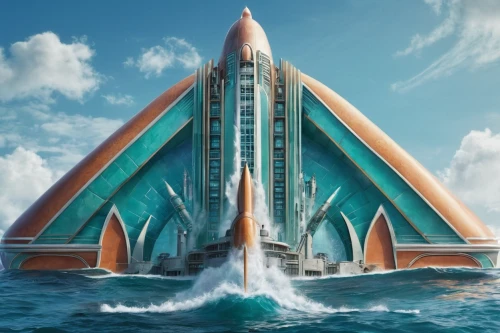 atlantis,burj al arab,futuristic architecture,sea fantasy,alien ship,futuristic landscape,starship,sky space concept,dolphinarium,diamond lagoon,futuristic art museum,aqua studio,temples,ark,sci fiction illustration,space ships,3d fantasy,portal,stargate,spaceships,Illustration,Vector,Vector 18