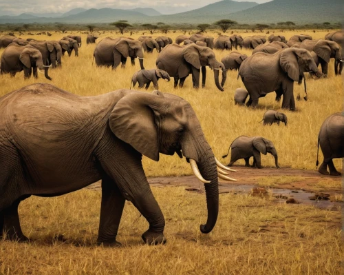 elephant herd,african elephants,african elephant,elephants and mammoths,african bush elephant,elephant tusks,elephants,watering hole,tsavo,cartoon elephants,elephant camp,elephantine,tusks,serengeti,baby elephants,pachyderm,wild animals crossing,animal migration,trophy hunting,kenya africa,Illustration,Realistic Fantasy,Realistic Fantasy 09