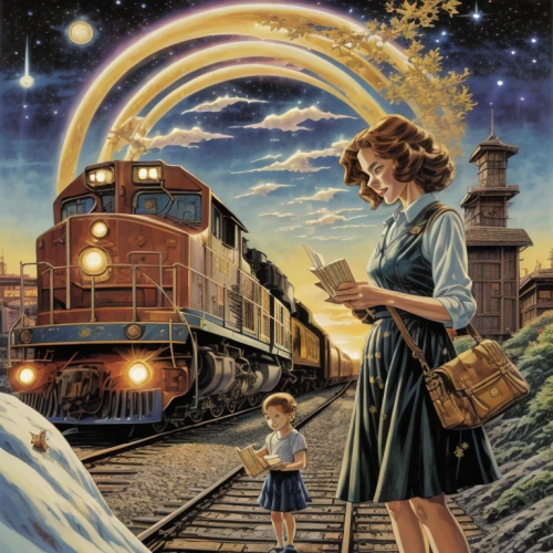 the girl at the station,galaxy express,children's railway,train of thought,the train,railroad,travel poster,last train,oil painting on canvas,vintage illustration,conductor,travelers,train route,a collection of short stories for children,train,book cover,amtrak,magical adventure,international trains,childrens books