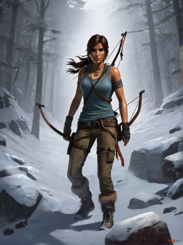 lara,croft,huntress,female warrior,dacia,bow and arrows,game illustration,swordswoman,massively multiplayer online role-playing game,mountain guide,game art,girl with gun,action-adventure game,bows and arrows,heroic fantasy,katniss,scythe,nancy crossbows,girl with a gun,longbow,Illustration,Abstract Fantasy,Abstract Fantasy 22