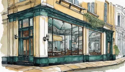 watercolor tea shop,facade painting,watercolor paris shops,store fronts,paris cafe,watercolor cafe,notting hill,parisian coffee,tearoom,storefront,pastry shop,awnings,watercolor shops,store front,athenaeum,paris shops,watercolor paris balcony,wine bar,glass facades,fuller's london pride,Illustration,Paper based,Paper Based 05