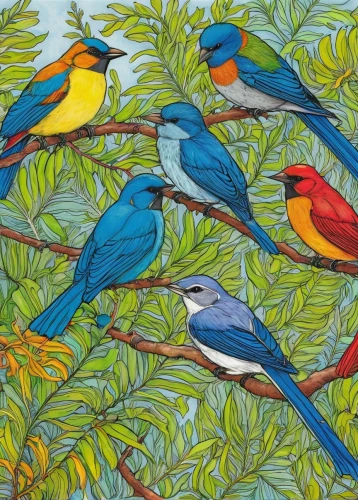 birds on a branch,birds on branch,tropical birds,bird painting,bird pattern,colorful birds,garden birds,robins in a winter garden,bird robins,songbirds,blue birds and blossom,group of birds,flower and bird illustration,key birds,birds blue cut glass,flock of birds,birds,wild birds,passerine parrots,bird illustration,Illustration,Black and White,Black and White 13