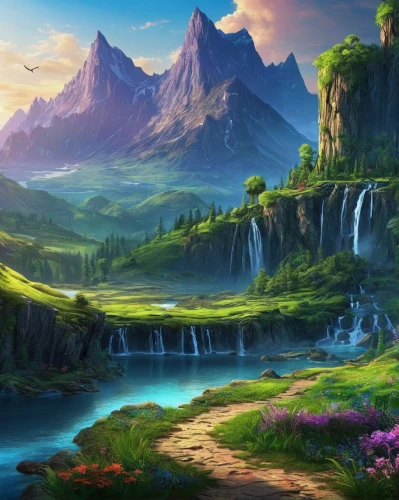 fantasy landscape,landscape background,mountain landscape,mountainous landscape,mountain scene,cartoon video game background,beautiful landscape,fantasy picture,nature landscape,full hd wallpaper,meteora,valley,salt meadow landscape,meadow landscape,high landscape,spring background,mountain valley,river landscape,mountain world,the landscape of the mountains,Illustration,American Style,American Style 01