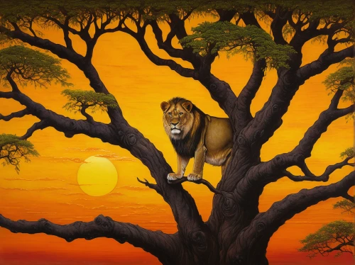 forest king lion,king of the jungle,lion king,african lion,the lion king,panthera leo,serengeti,simba,treetop,cats in tree,felidae,he is climbing up a tree,circle of life,safari,masai lion,skeezy lion,lion father,treeing feist,baobab oil,cat tree of life,Illustration,Realistic Fantasy,Realistic Fantasy 08