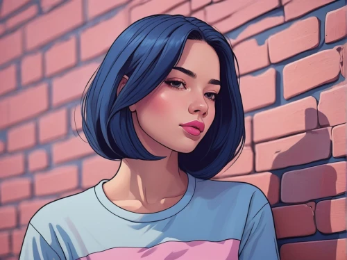 girl in t-shirt,digital painting,vector illustration,portrait background,digital illustration,girl with speech bubble,girl portrait,brick background,vector art,retro girl,digital art,mulan,worried girl,digital drawing,girl drawing,vector girl,game illustration,denim background,tshirt,world digital painting,Illustration,American Style,American Style 14