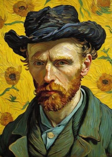 vincent van gogh,vincent van gough,post impressionist,post impressionism,self-portrait,painting technique,beard flower,artist portrait,yellow sun hat,italian painter,pferdeportrait,self portrait,art,marigolds,artistic portrait,meticulous painting,total pollen,flower painting,flower art,flower hat,Conceptual Art,Fantasy,Fantasy 09