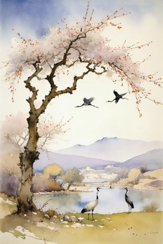 watercolor tree,almond blossoms,plum blossoms,takato cherry blossoms,almond trees,cherry blossom tree,birds on branch,cherry tree,apricot blossom,the cherry blossoms,almond tree,cherry trees,blossom tree,japan landscape,birds on a branch,almond blossom,sakura trees,japanese cherry trees,the japanese tree,sakura tree,Illustration,Paper based,Paper Based 23
