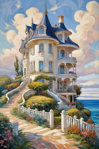 house of the sea,seaside resort,chateau,fairy tale castle,fairytale castle,house by the water,grand hotel,house painting,home landscape,crooked house,private house,french building,seaside country,holiday home,luxury property,magic castle,petit minou lighthouse,guesthouse,whipped cream castle,beach house,Illustration,Retro,Retro 08