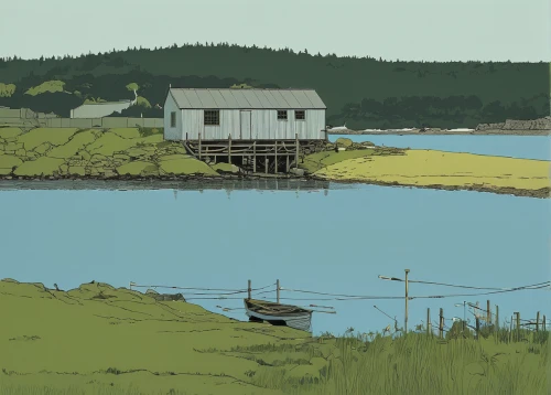 house with lake,floating huts,salt marsh,tidal marsh,boathouse,house by the water,fisherman's hut,fisherman's house,summer cottage,cottage,estuary,boat house,boat shed,freshwater marsh,marsh,inverted cottage,maine,newfoundland,houseboat,estuarine,Illustration,Vector,Vector 10