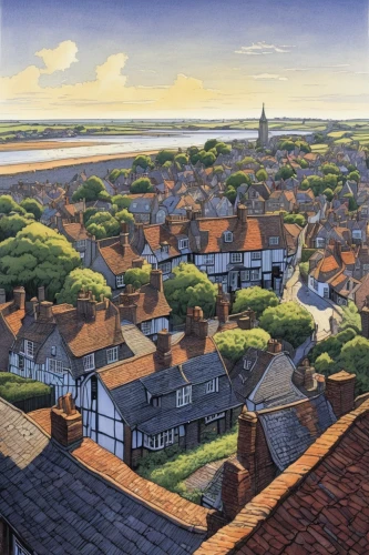 essex,suffolk,york,sussex,england,shaftesbury,lavenham,escher village,cambridgeshire,brixlegg,medieval town,knight village,dorset,yorkshire,half-timbered houses,townscape,half-timbered,norfolk,cheshire,newbourne,Illustration,Children,Children 03